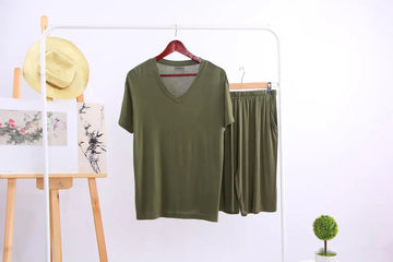 Riolio Summer Modal Pajama Sets Thin Short Sleeve T-shirt Shorts Sleepwear Mens Casual Set 2 Piece V-Neck Solid Color Home Clothing